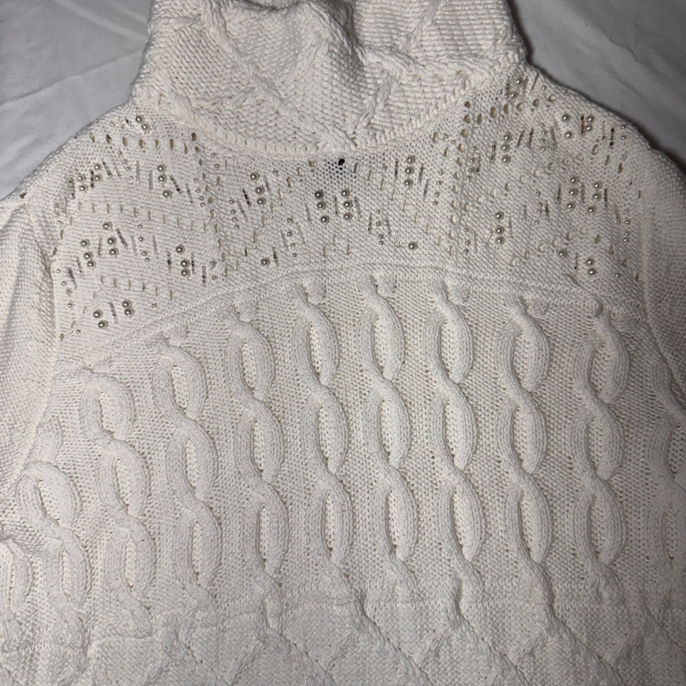 WHBM Cable Knit Sweater Mock Neck Embellished Fringe bell sleeve Ivory Small - Picture 8 of 10